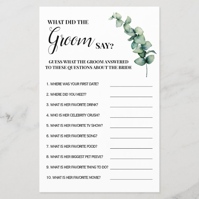 Eucalyptus What did Groom Say Shower Game Card (Front)