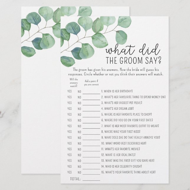 Eucalyptus - What did the groom say bridal game (Front/Back)