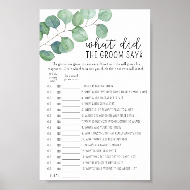 Eucalyptus - What did the groom say bridal game Poster (Front)