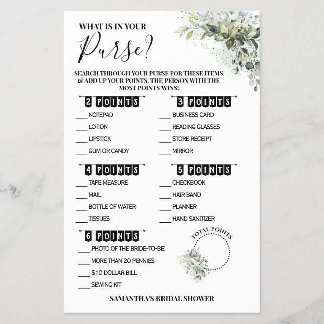 Eucalyptus What is in your Purse Shower Game Card (Front)