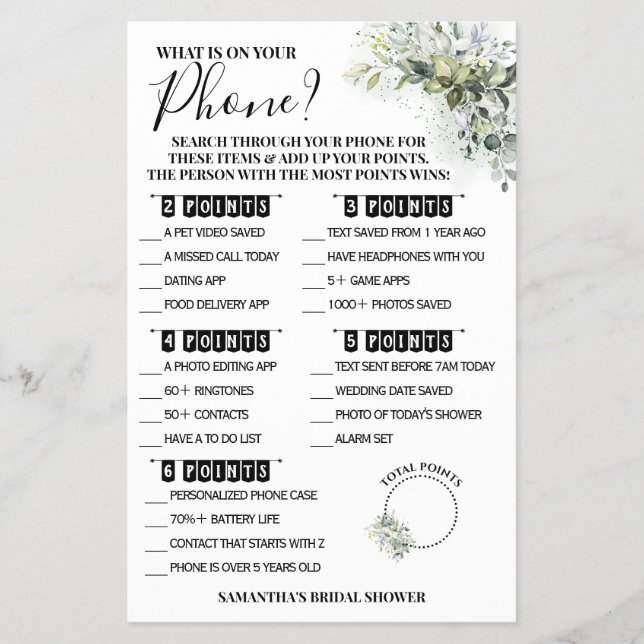 Eucalyptus What is on your Phone Shower Game Card  (Front)