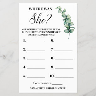 Eucalyptus Where was She Bridal Shower Game card