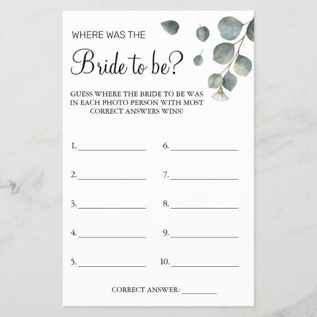 Eucalyptus Where was She Bridal shower game card (Front)