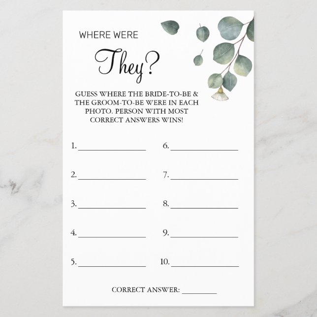 Eucalyptus Where were They Bridal shower game card (Front)