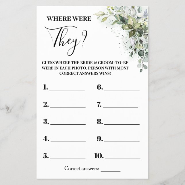 Eucalyptus Where were They Bridal Shower Game Card (Front)