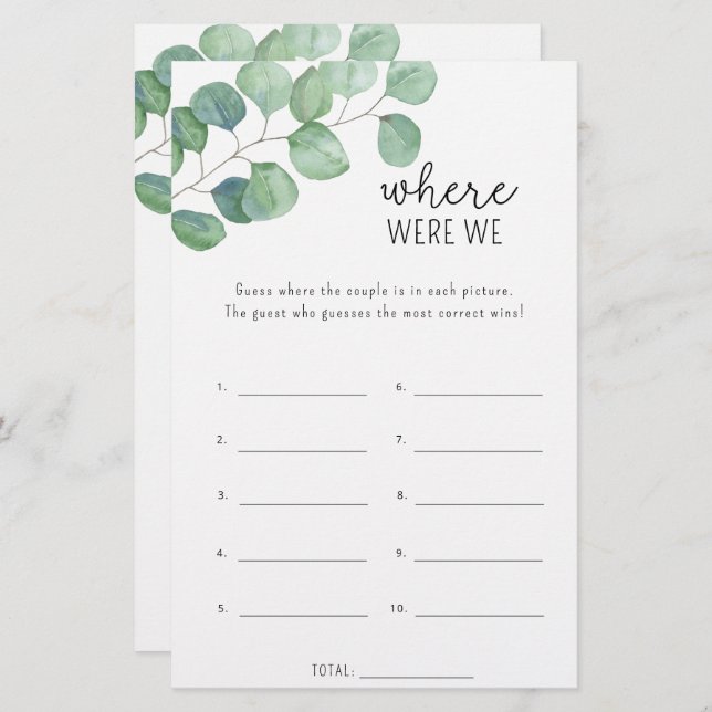 Eucalyptus - Where were we bridal shower game (Front/Back)