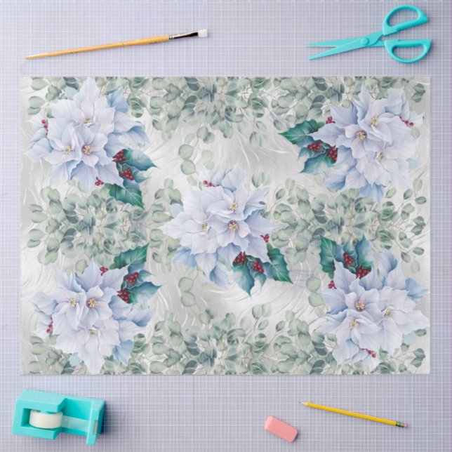 Eucalyptus & White Christmas Poinsettias Faux Foil Tissue Paper (Craft)