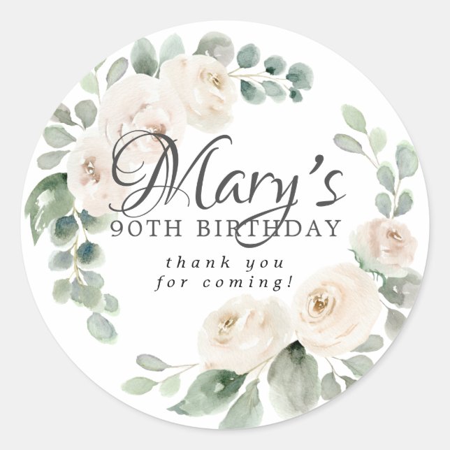 Eucalyptus White Floral 90th Birthday Thank You Classic Round Sticker (Front)
