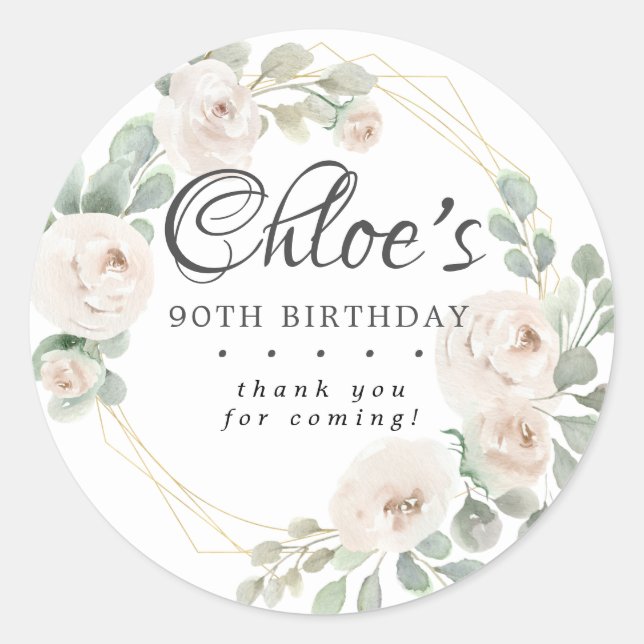 Eucalyptus White Floral 90th Birthday Thank You Classic Round Sticker (Front)