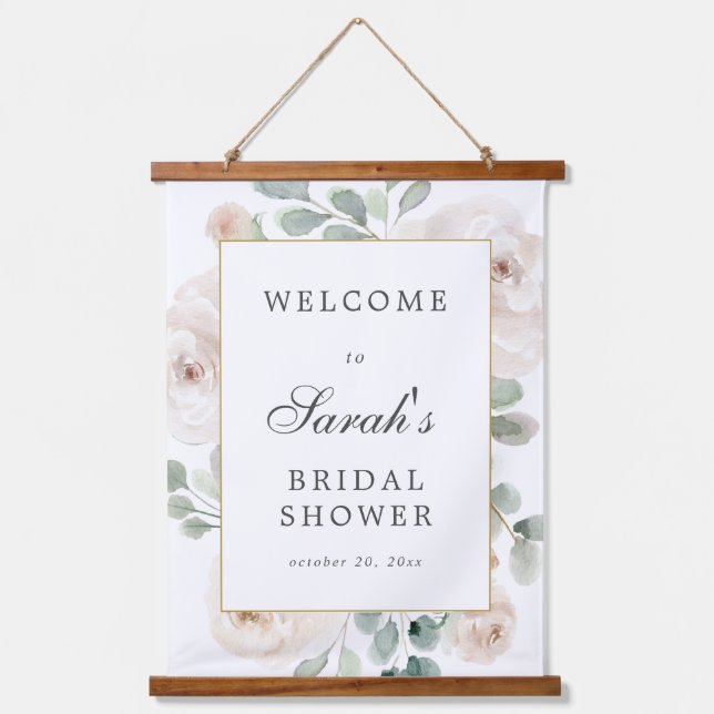 Eucalyptus White Floral Bridal Shower Welcome Sign Hanging Tapestry (Front)