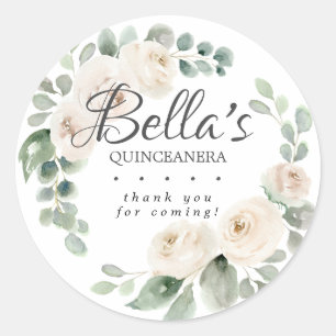 Eucalyptus White Floral QuinceaneraThank You Classic Round Sticker