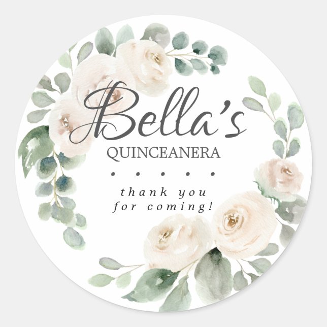 Eucalyptus White Floral QuinceaneraThank You Classic Round Sticker (Front)