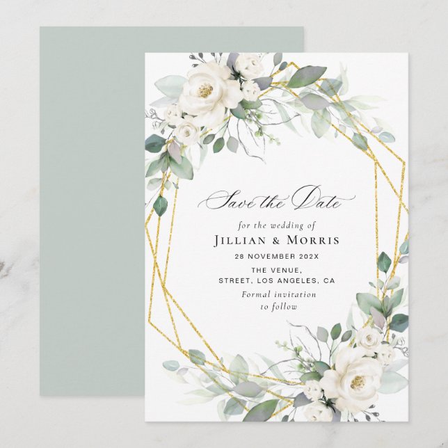 eucalyptus white floral save the date invitation (Front/Back)