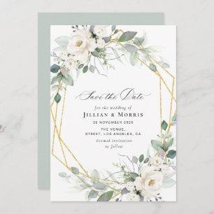 eucalyptus white floral save the date invitation