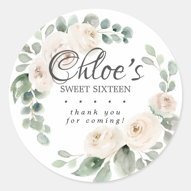 Eucalyptus White Floral Sweet 16 Thank You Classic Round Sticker (Front)