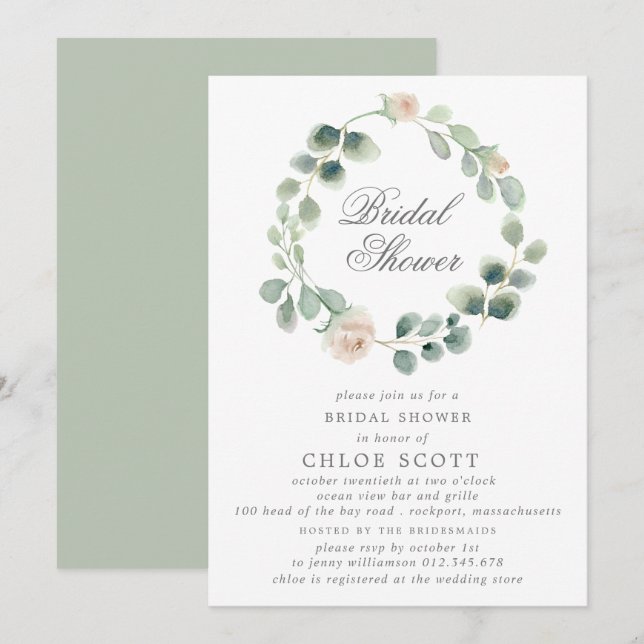 Eucalyptus White Floral Wreath Bridal Shower Invitation (Front/Back)
