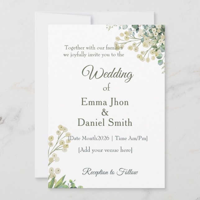 Eucalyptus & White Florals Botanical Wedding  Invitation (Front)
