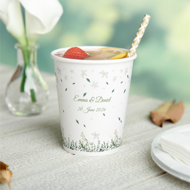 Eucalyptus & White Florals Botanical Wedding Paper Cups (Insitu)