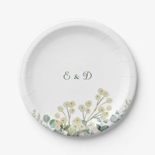 Eucalyptus & White Florals Botanical Wedding Paper Plate