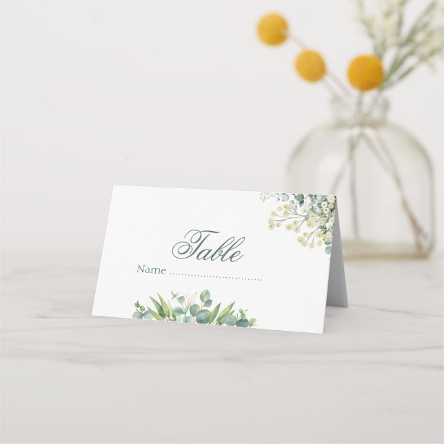 Eucalyptus & White Florals Botanical Wedding Place Card (Front)