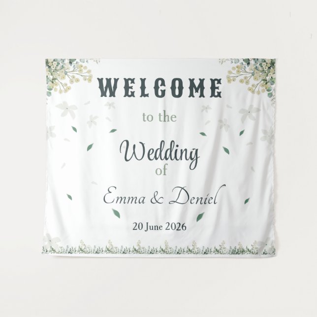 Eucalyptus & White Florals Botanical Wedding  Tapestry (Front (Horizontal))