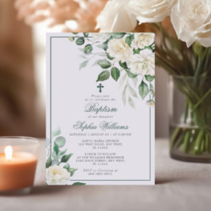 Eucalyptus White Flowers Baptism Invitation