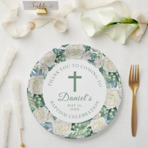 Eucalyptus White Flowers Baptism Paper Plate