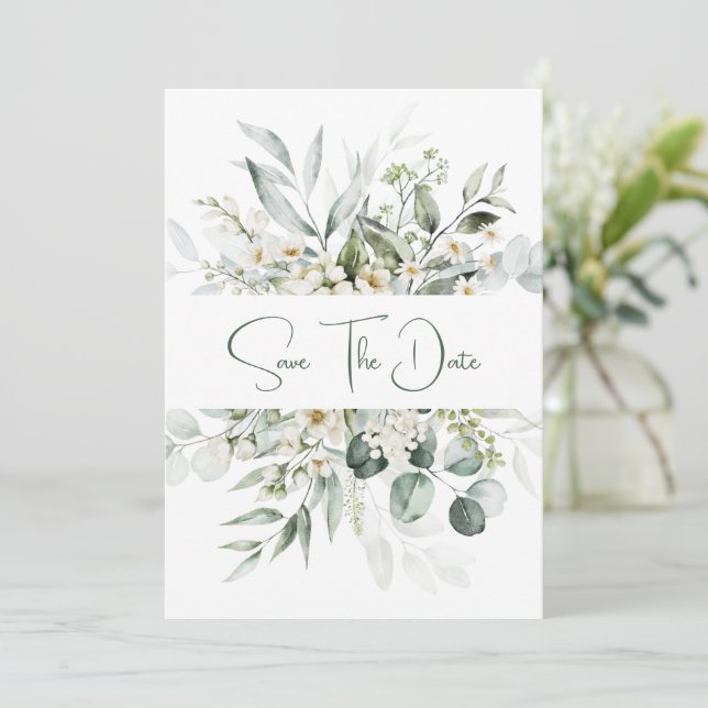 Eucalyptus White Flowers Berries Save the Date (Standing Front)