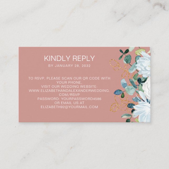 Eucalyptus & white flowers QR Code online RSVP Enclosure Card (Front)