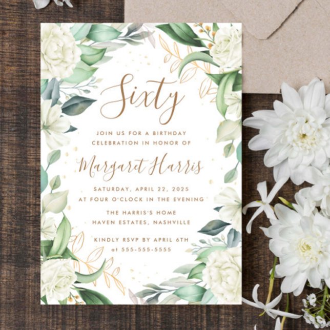 Eucalyptus White Gold Floral 60th Sixty Birthday Invitation (Creator Uploaded)