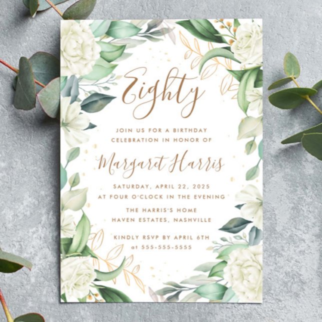 Eucalyptus White Gold Floral 80th Eighty Birthday Invitation (Creator Uploaded)