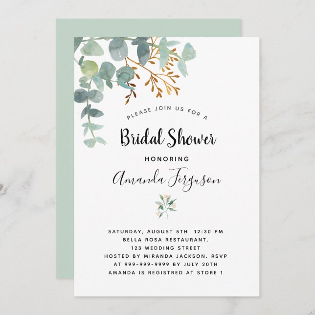 Eucalyptus white gold green elegant bridal shower invitation (Front/Back)