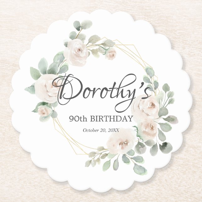 Eucalyptus White Rose Floral 90th Birthday Party Paper Coaster (Front)