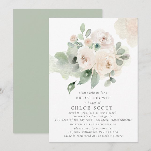 Eucalyptus White Rose Floral Bridal Shower Invitation (Front/Back)