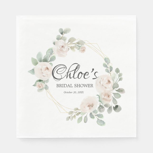 Eucalyptus White Rose Floral Bridal Shower Napkin (Front)