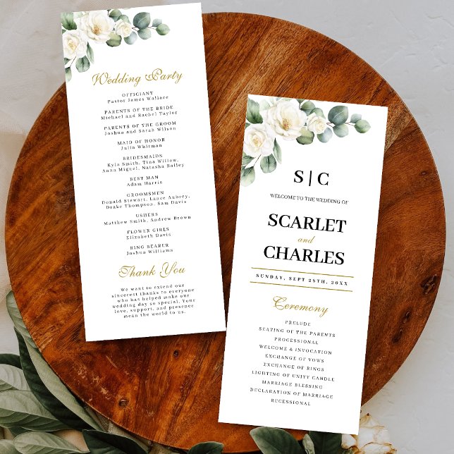 Eucalyptus White Rose Greenery Floral Wedding Programme (Eucalyptus white rose wedding program guides guests with timeless botanical elegance.)