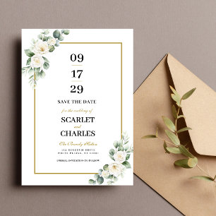 Eucalyptus White Rose Greenery Floral Wedding Save The Date