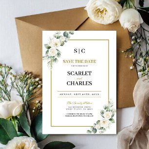 Eucalyptus White Rose Greenery Floral Wedding Save The Date