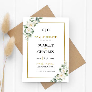 Eucalyptus White Rose Greenery Floral Wedding Save The Date