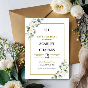 Eucalyptus White Rose Greenery Floral Wedding Save The Date