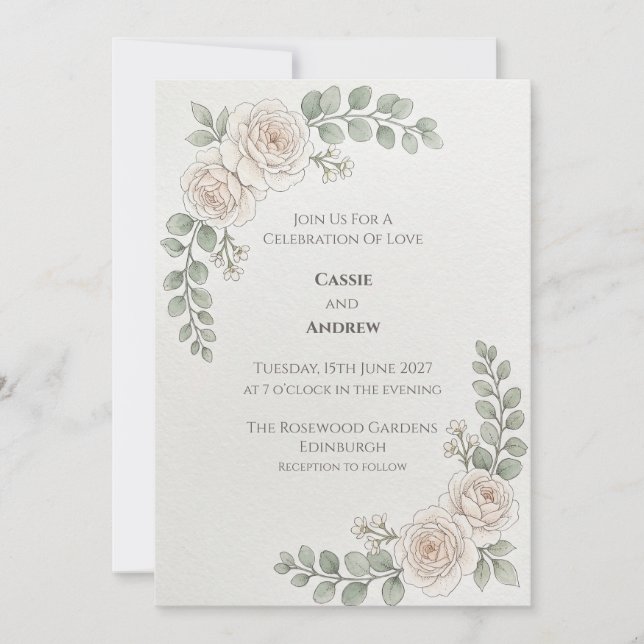 Eucalyptus White Rose Wedding Invitation (Front)