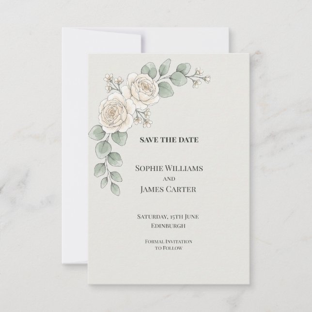 Eucalyptus White Rose Wedding Save The Date (Front)