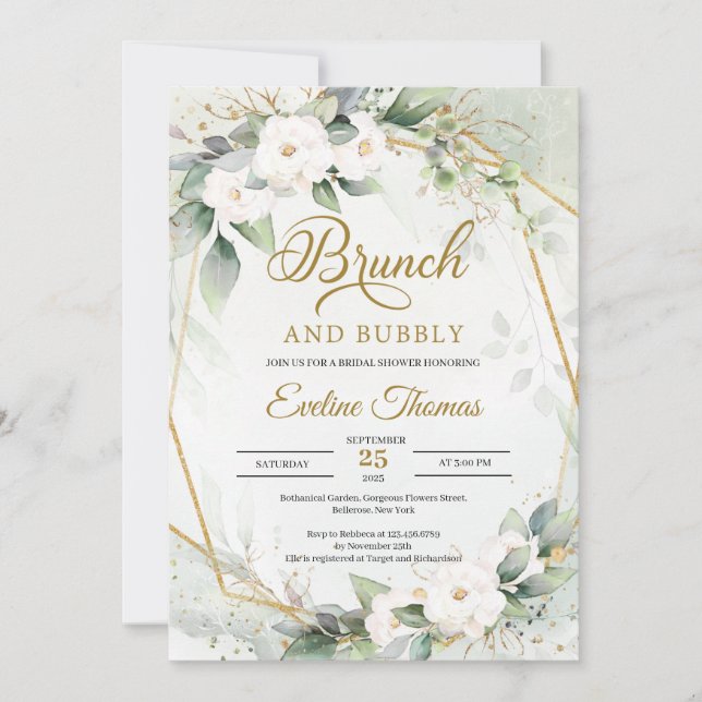 Eucalyptus white roses gold brunch and bubbly invitation (Front)