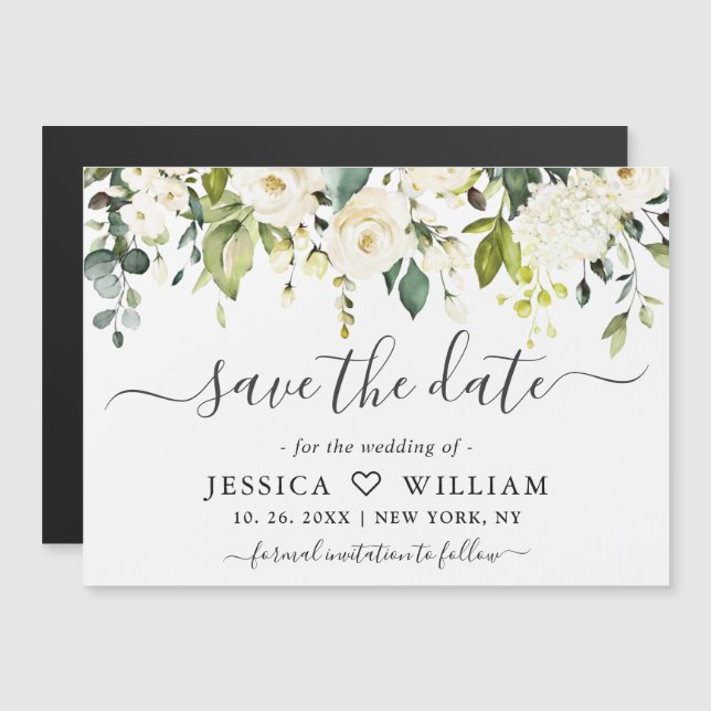 Eucalyptus White Roses Save the Date Magnetic Card (Front/Back)