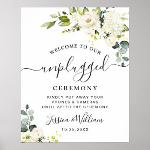 Eucalyptus White Roses Unplugged Wedding Ceremony Poster