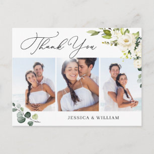 Eucalyptus White Roses Wedding 3 Photo Thank You Postcard