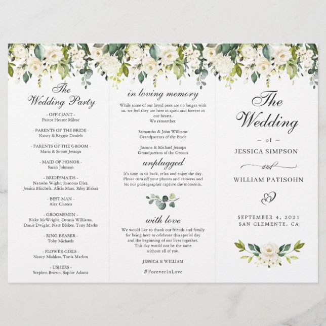 Eucalyptus White Roses Wedding Ceremony Program (Front)