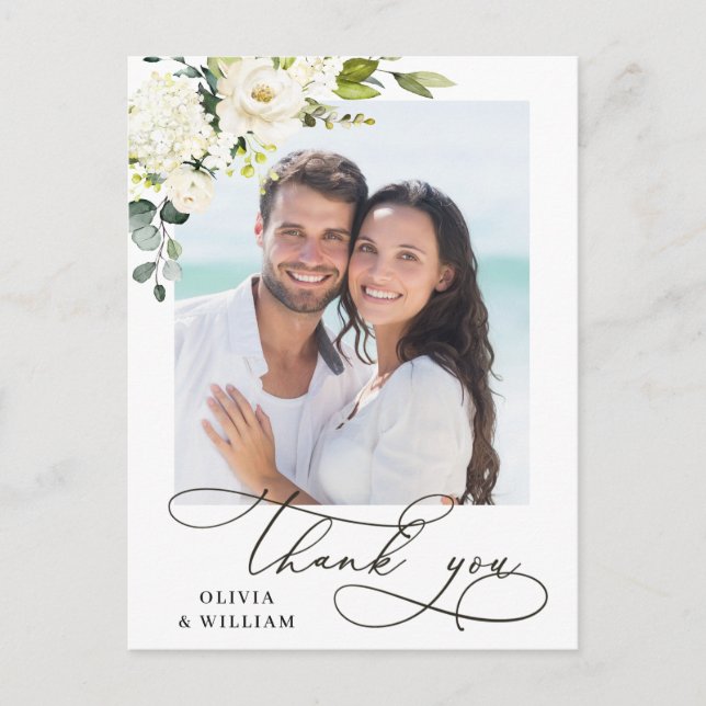 Eucalyptus White Roses Wedding Photo Thank You Postcard (Front)