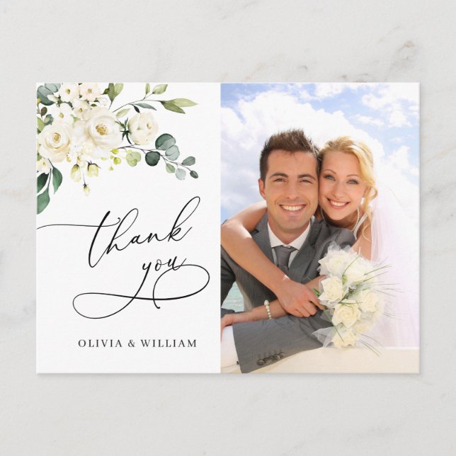 Eucalyptus White Roses Wedding Photo Thank You Postcard (Front)