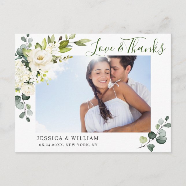 Eucalyptus White Roses Wedding Photo Thank You Postcard (Front)
